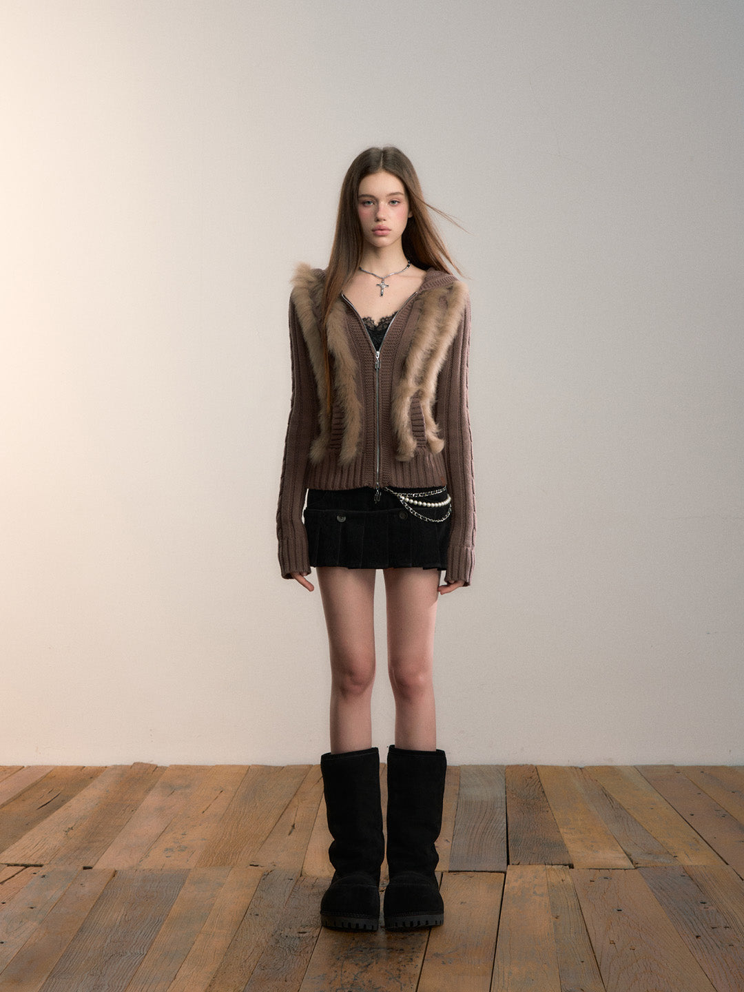 VIA PITTI VIADK712 Fox fur spliced wool woven hooded jacket