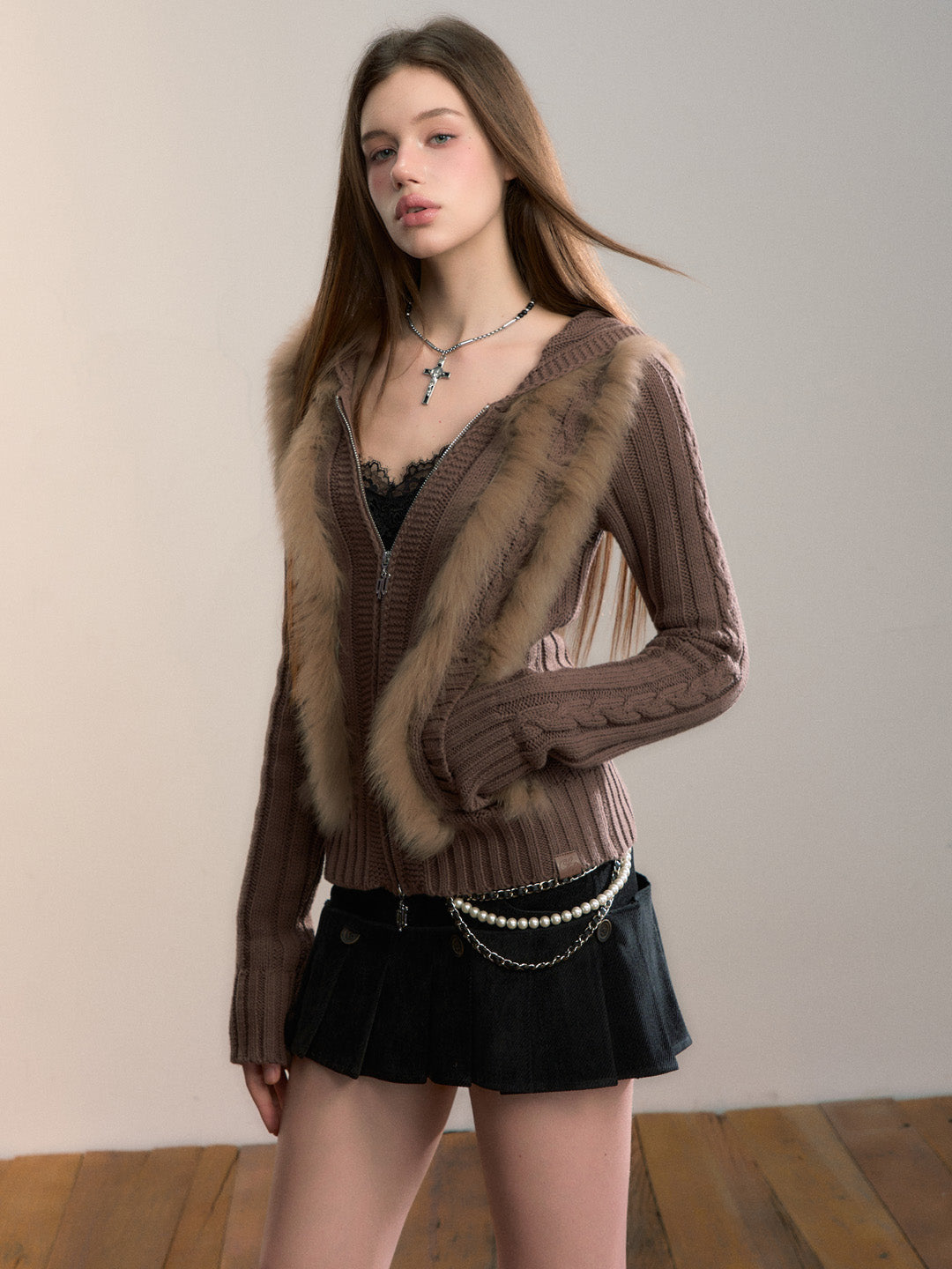 VIA PITTI VIADK712 Fox fur spliced wool woven hooded jacket