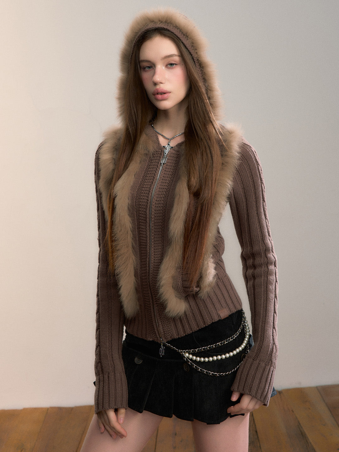 VIA PITTI VIADK712 Fox fur spliced wool woven hooded jacket