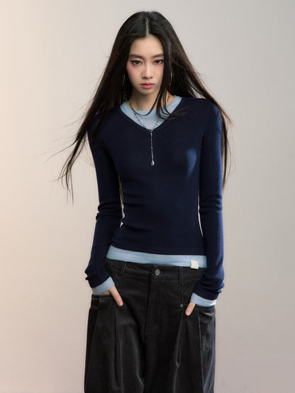 VIA PITTI VIADK709 Fake two contrasting colors V-neck woolen fabric base T