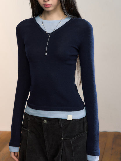 VIA PITTI VIADK709 Fake two contrasting colors V-neck woolen fabric base T