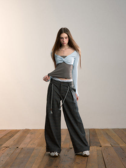 VIA PITTI VIADS649 Double waisted plaid wool casual pants