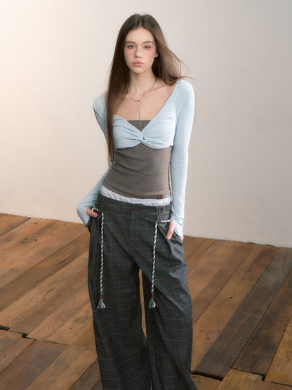 VIA PITTI VIADTP689 Splicing fake two-piece contrasting strapless long sleeved shirt