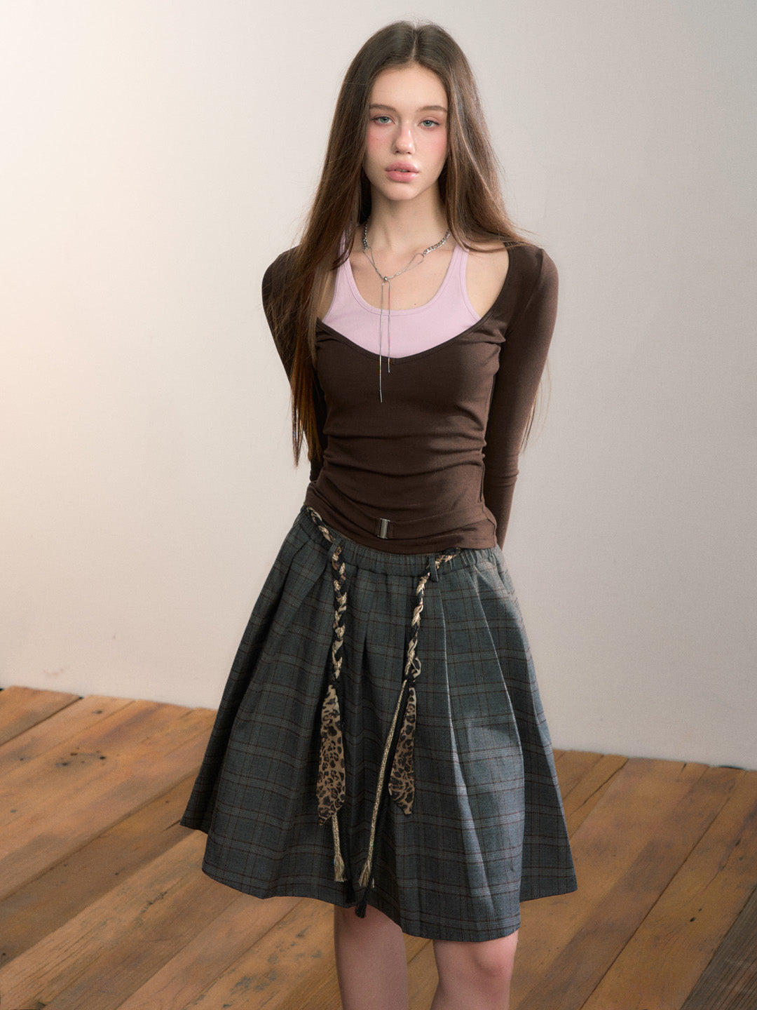 VIA PITTI VIADTP662 Color blocking splicing fake two-piece waist belt base top