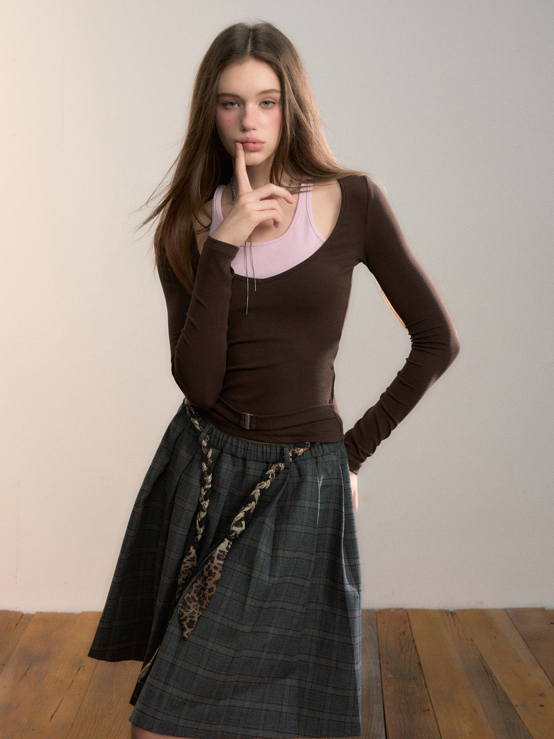 VIA PITTI VIADTP662 Color blocking splicing fake two-piece waist belt base top