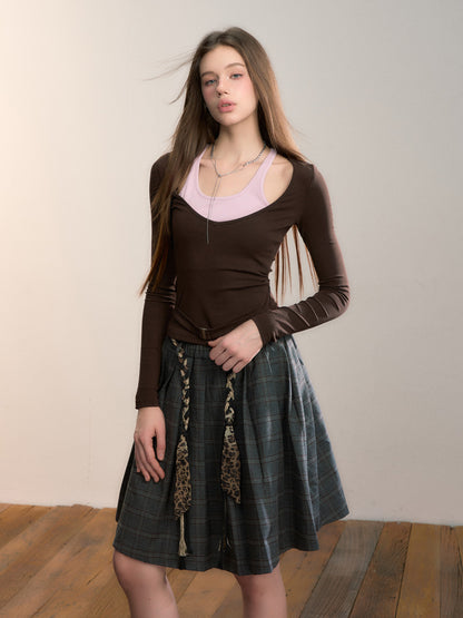 VIA PITTI VIADTP662 Color blocking splicing fake two-piece waist belt base top