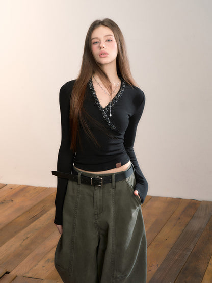 VIA PITTI VIADTP695 Ribbon splicing V-neck base long sleeved top