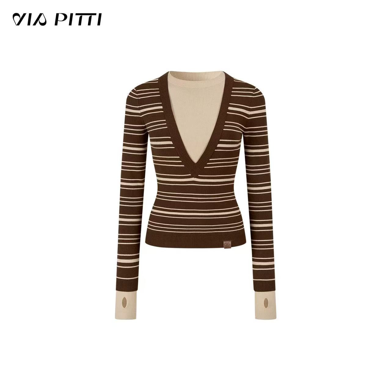 VIA PITTI VIADK637 Contrast striped round neck long sleeved knitted sweater