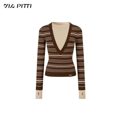 VIA PITTI VIADK637 Contrast striped round neck long sleeved knitted sweater