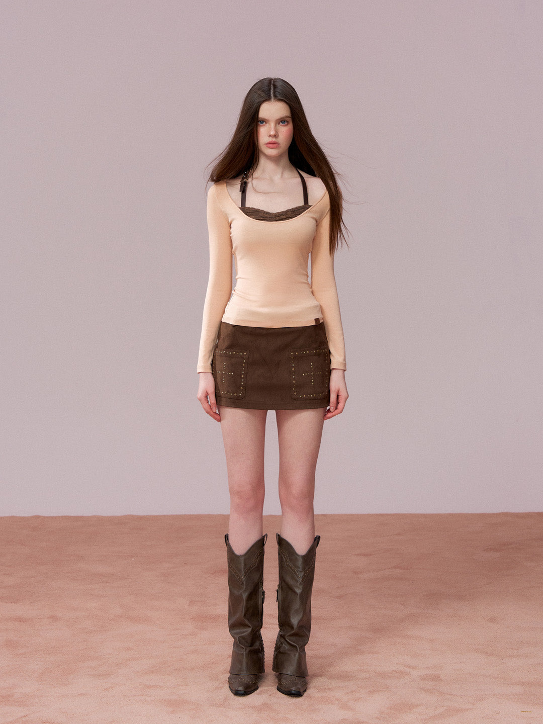 VIA PITTI VIADTP751 Lace patchwork leather edge contrasting long sleeved T