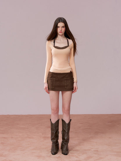 VIA PITTI VIADTP751 Lace patchwork leather edge contrasting long sleeved T