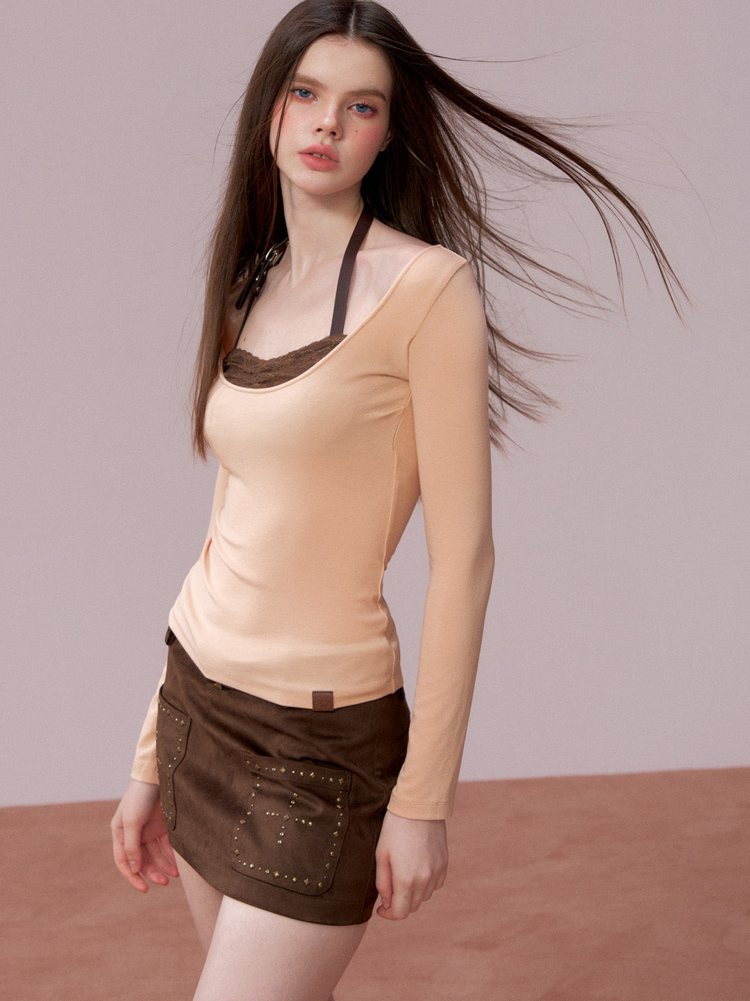 VIA PITTI VIADTP751 Lace patchwork leather edge contrasting long sleeved T