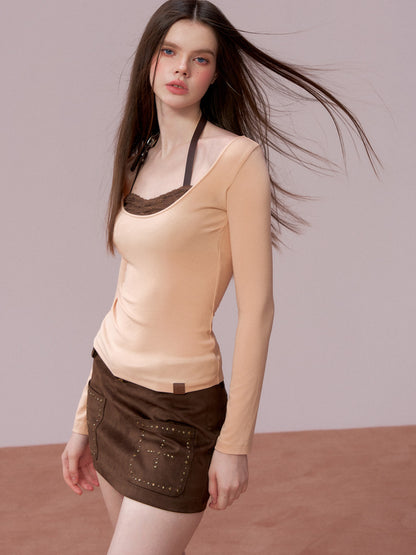 VIA PITTI VIADTP751 Lace patchwork leather edge contrasting long sleeved T