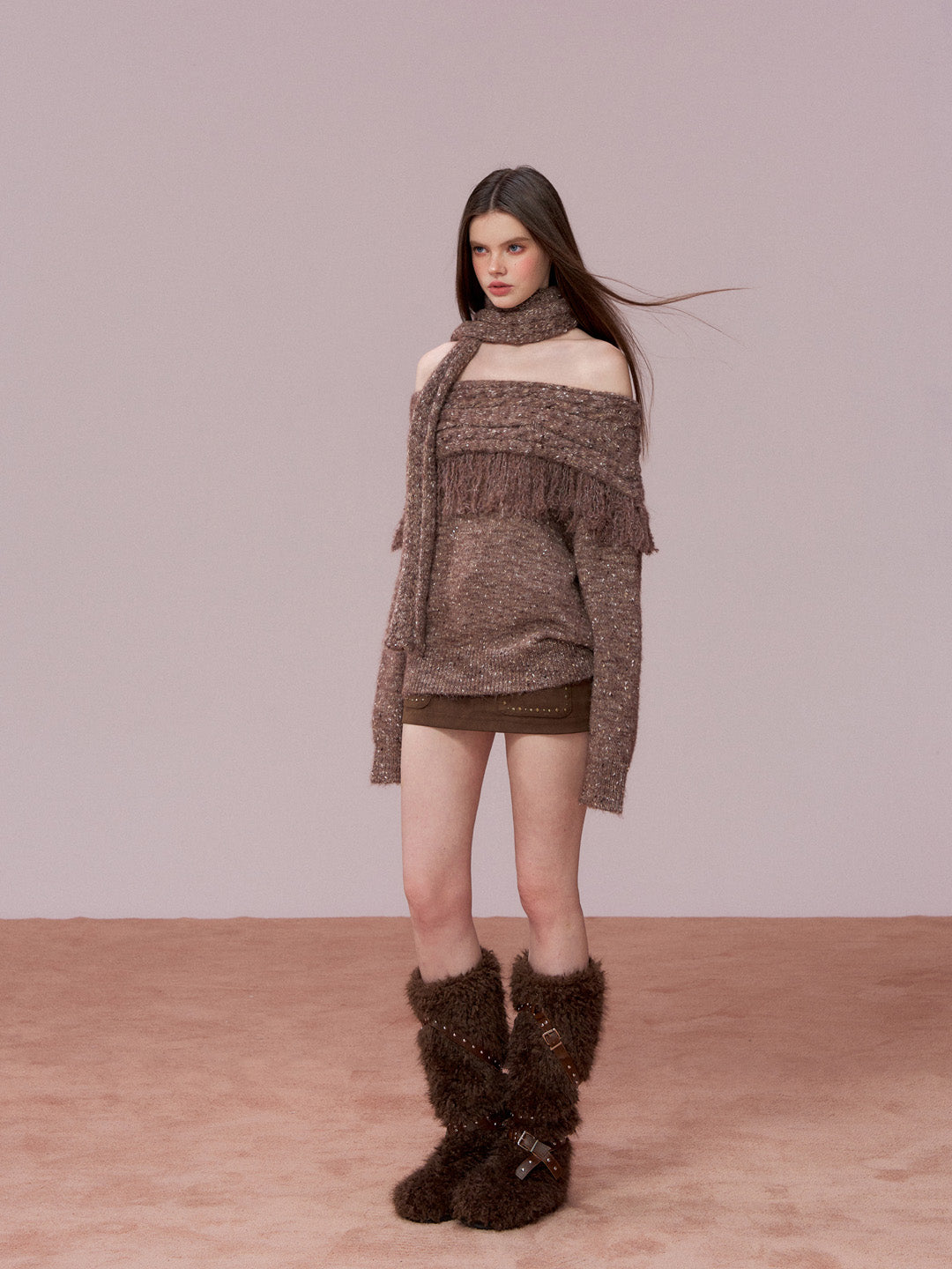 VIA PITTI VIADK783 Off shoulder mixed color woolen sweater + scarf set