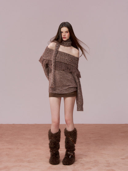 VIA PITTI VIADK783 Off shoulder mixed color woolen sweater + scarf set