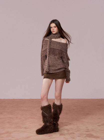 VIA PITTI VIADK783 Off shoulder mixed color woolen sweater + scarf set