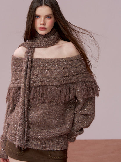 VIA PITTI VIADK783 Off shoulder mixed color woolen sweater + scarf set