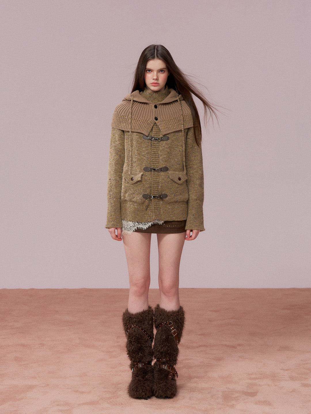 VIA PITTI VIADK777&amp;VIADK774 Leather buttoned woolen cardigan + hooded cloak set