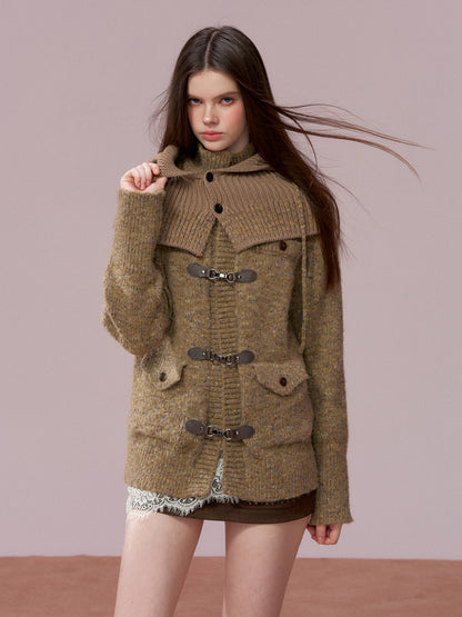 VIA PITTI VIADK777&amp;VIADK774 Leather buttoned woolen cardigan + hooded cloak set