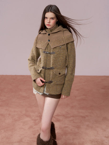 VIA PITTI VIADK777&amp;VIADK774 Leather buttoned woolen cardigan + hooded cloak set