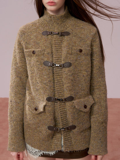 VIA PITTI VIADK777&amp;VIADK774 Leather buttoned woolen cardigan + hooded cloak set