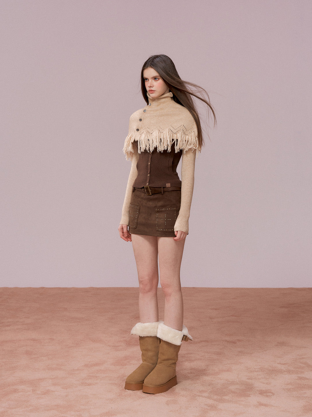 VIA PITTI VIADK779 Two piece set of high necked woolen base and tassel cape