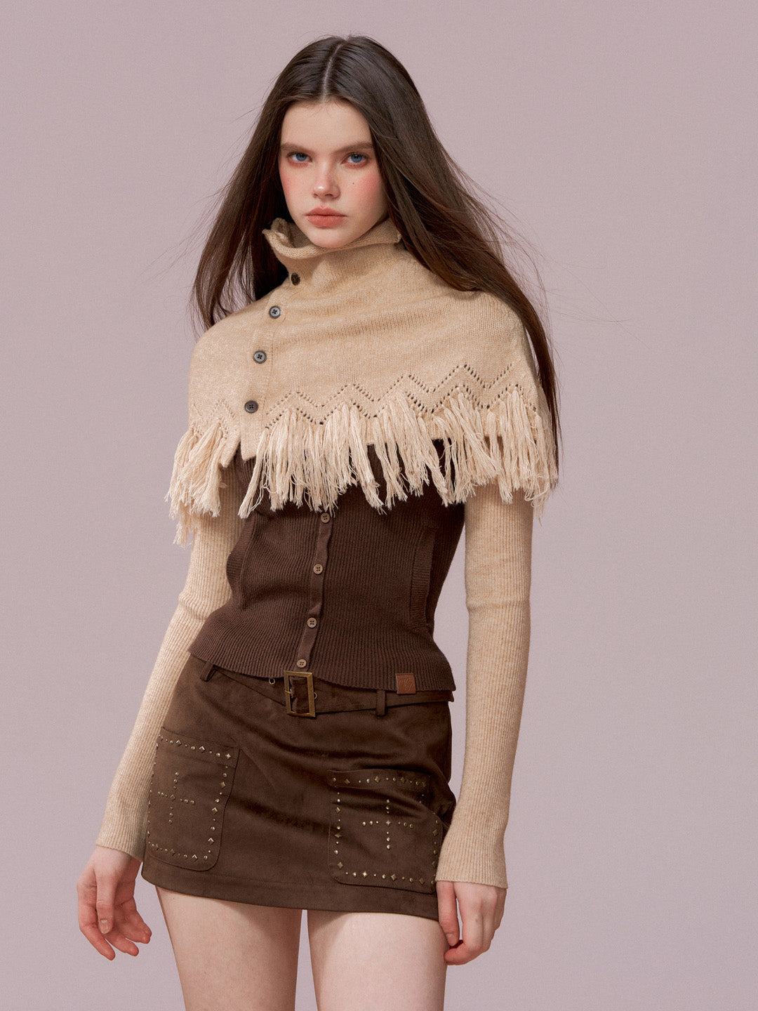 VIA PITTI VIADK779 Two piece set of high necked woolen base and tassel cape