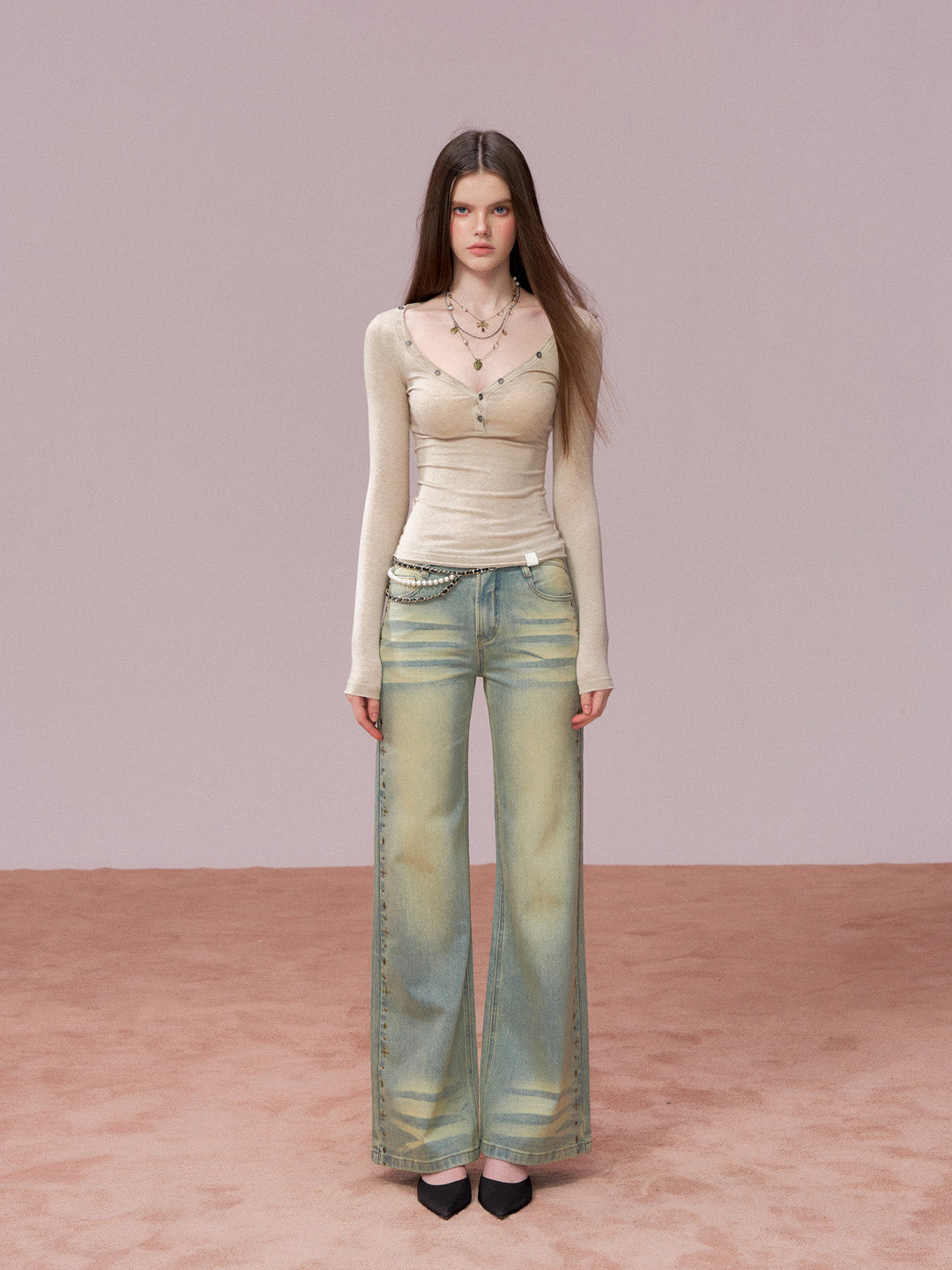 VIA PITTI VIADTP729 Button decoration round neck base T