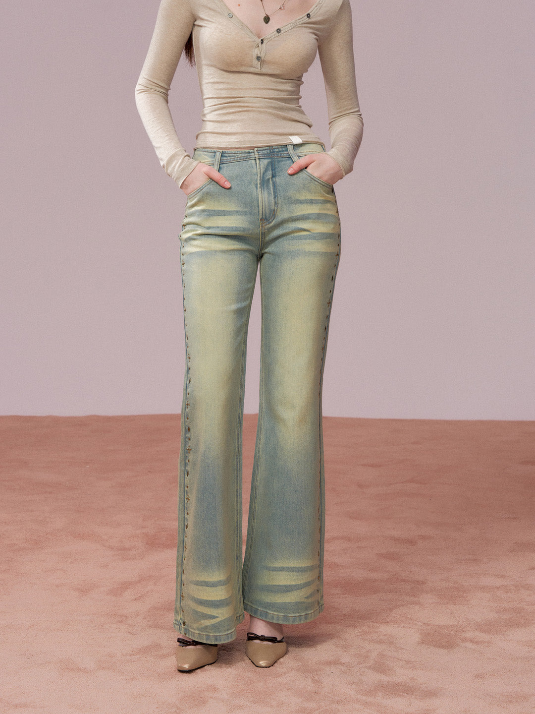 VIA PITTI VIADP763 Rivet decoration washed denim pants