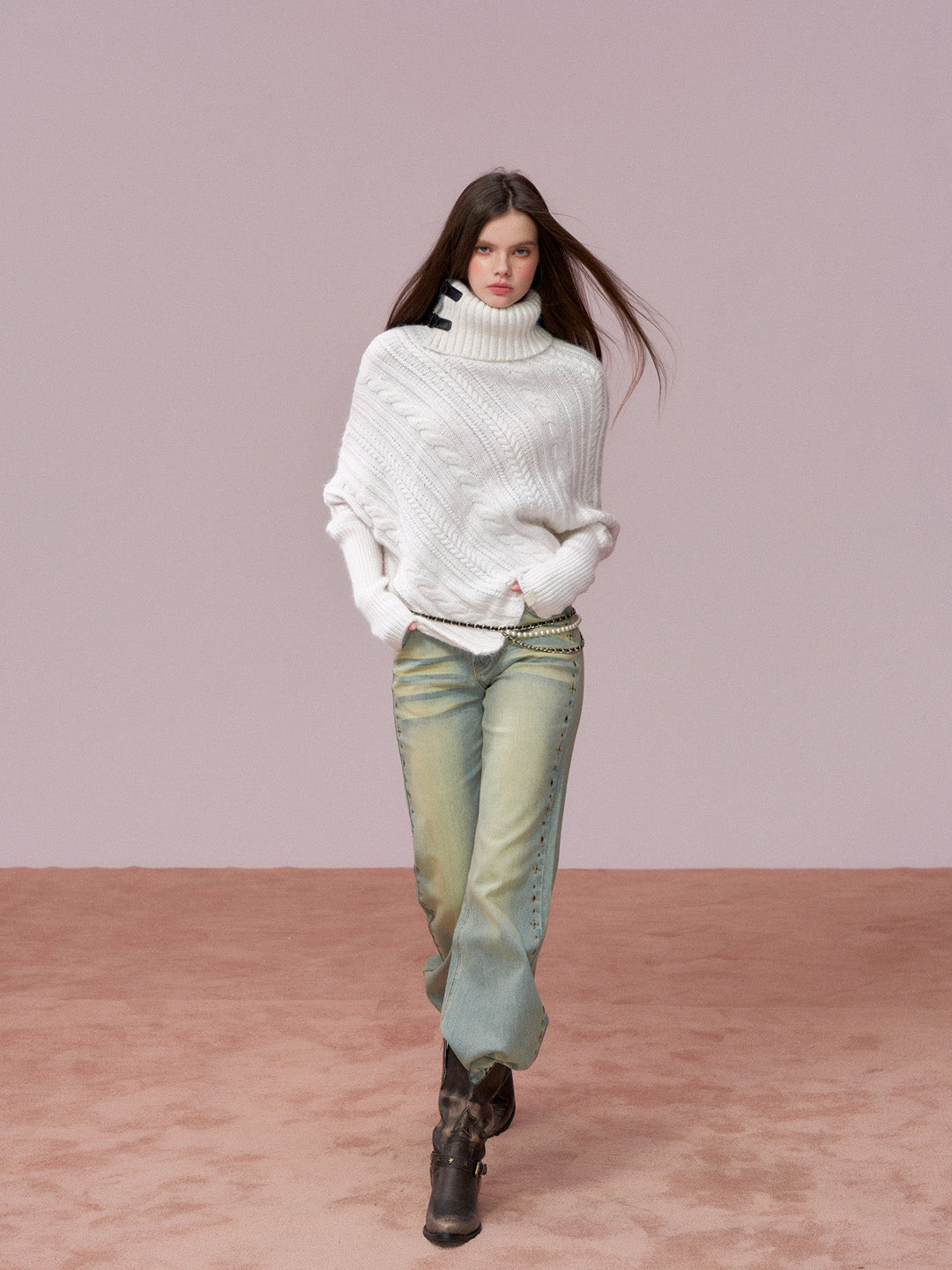 VIA PITTI VIADK739 Leather buckle high neck irregular thickened version cloak sweater