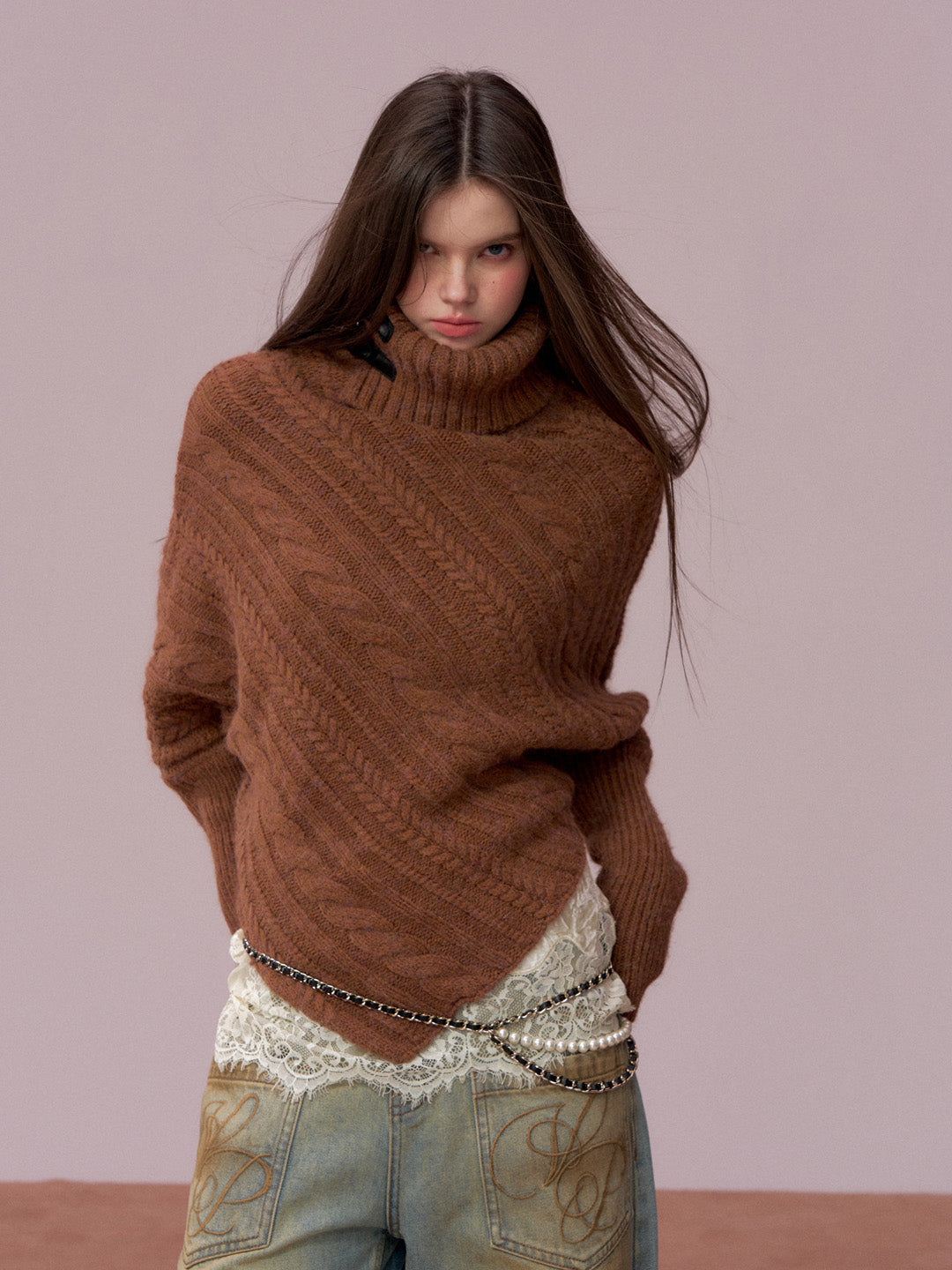 VIA PITTI VIADK739 Leather buckle high neck irregular thickened version cloak sweater