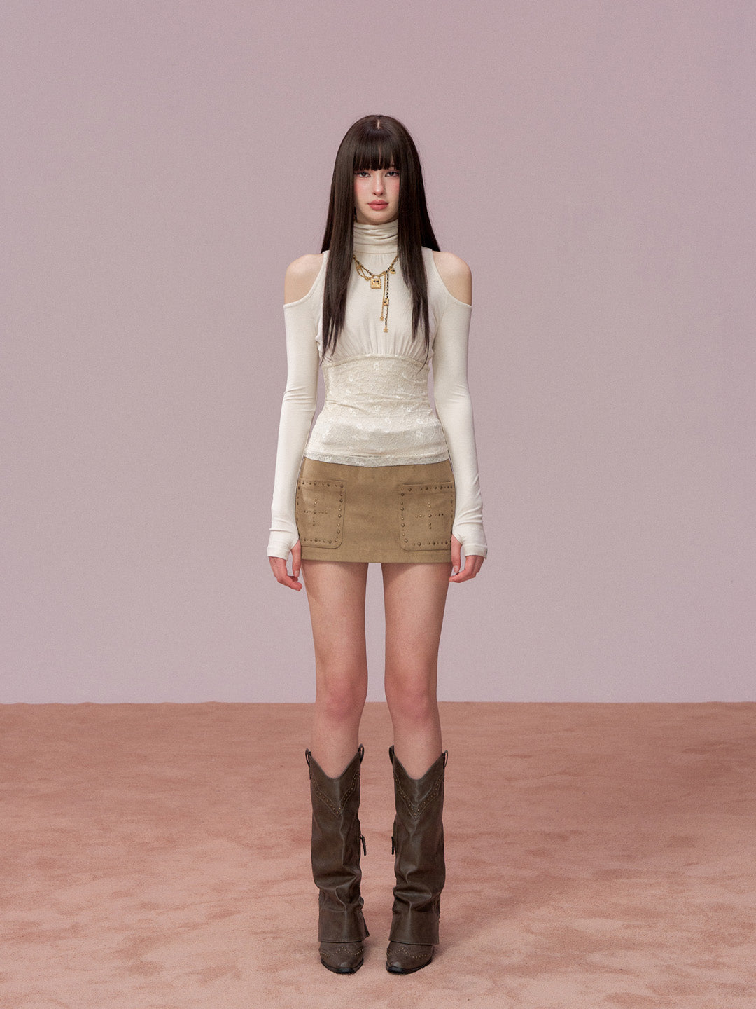 VIA PITTI VIADTP727 High neck lace patchwork base long sleeved shirt