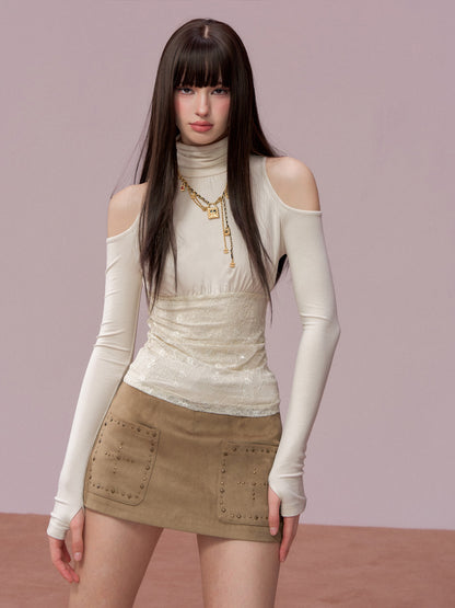 VIA PITTI VIADTP727 High neck lace patchwork base long sleeved shirt