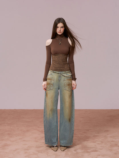 VIA PITTI VIADTP727 High neck lace patchwork base long sleeved shirt