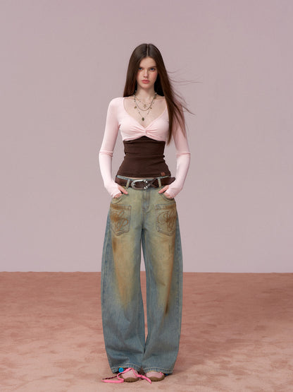 VIA PITTI VIADTP689 Splicing fake two-piece contrasting strapless long sleeved shirt