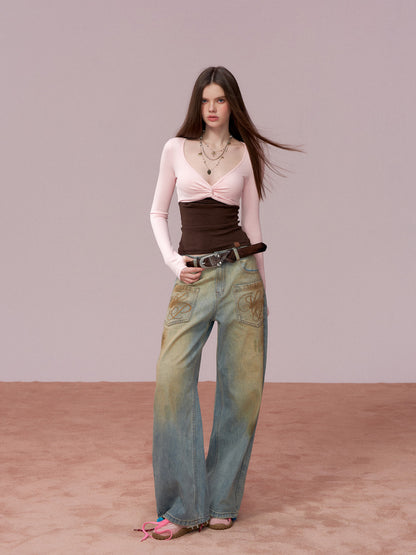 VIA PITTI VIADTP689 Splicing fake two-piece contrasting strapless long sleeved shirt