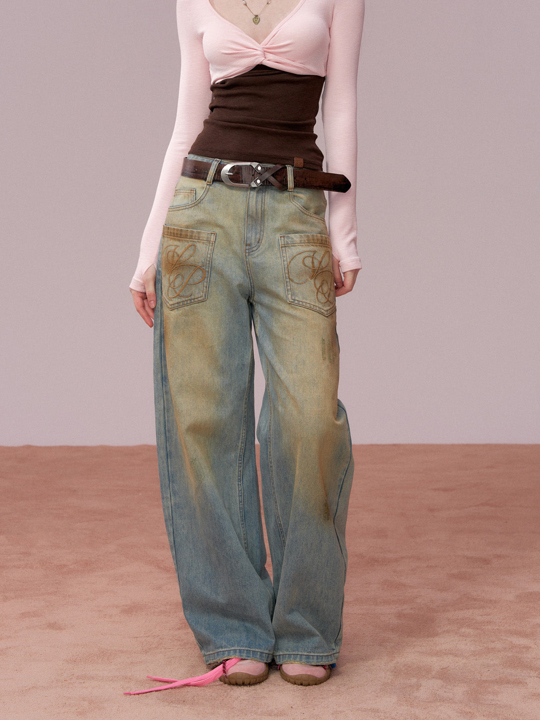 VIA PITTI VIADP778 Distressed large pocket loose-fitting denim trousers