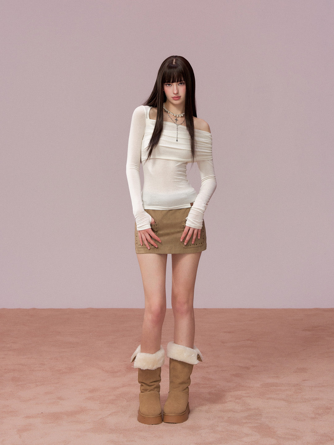 VIA PITTI VIADTP667 Irregular off shoulder long sleeved T-shirt