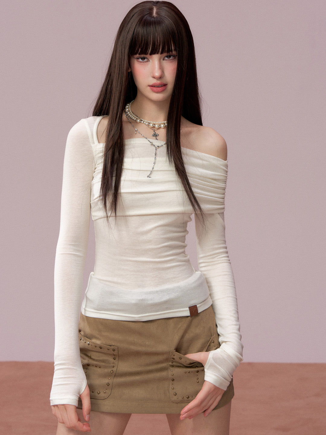 VIA PITTI VIADTP667 Irregular off shoulder long sleeved T-shirt