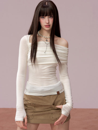 VIA PITTI VIADTP667 Irregular off shoulder long sleeved T-shirt