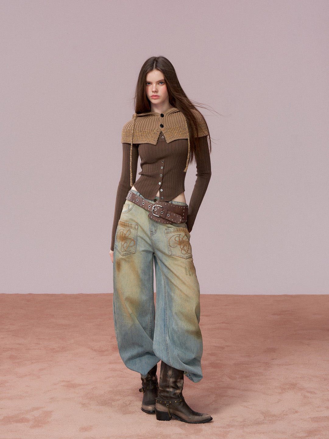 VIA PITTI VIADK777&amp;VIADK774 Leather buttoned woolen cardigan + hooded cloak set