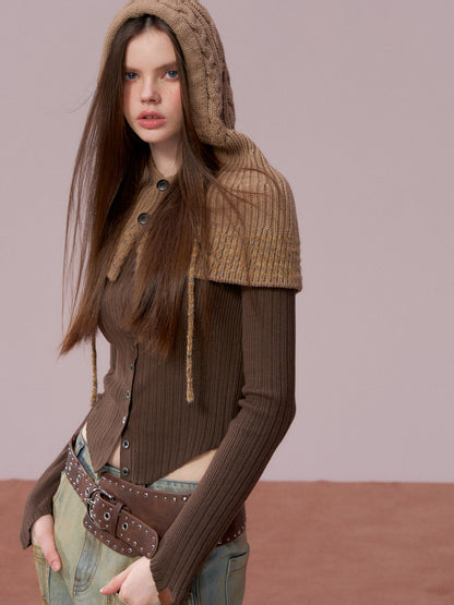 VIA PITTI VIADK777&amp;VIADK774 Leather buttoned woolen cardigan + hooded cloak set