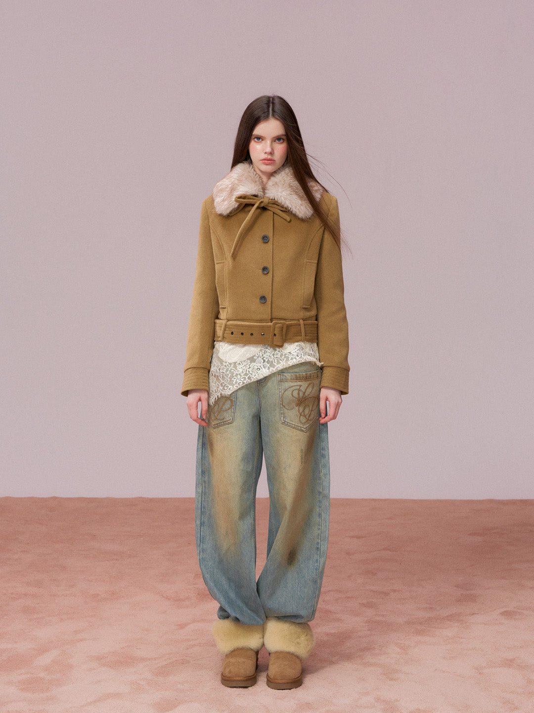 VIA PITTI VIADC720 Detachable fur collar bow tie cotton jacket