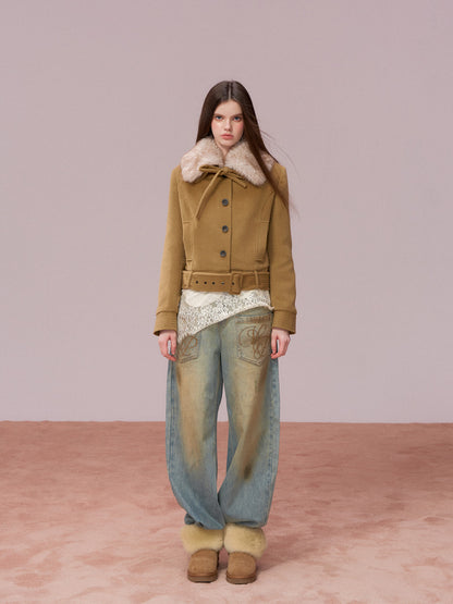 VIA PITTI VIADC720 Detachable fur collar bow tie cotton jacket