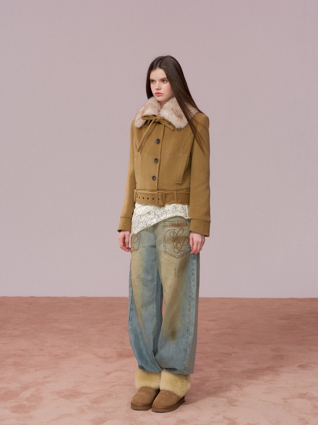 VIA PITTI VIADC720 Detachable fur collar bow tie cotton jacket