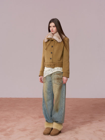 VIA PITTI VIADC720 Detachable fur collar bow tie cotton jacket