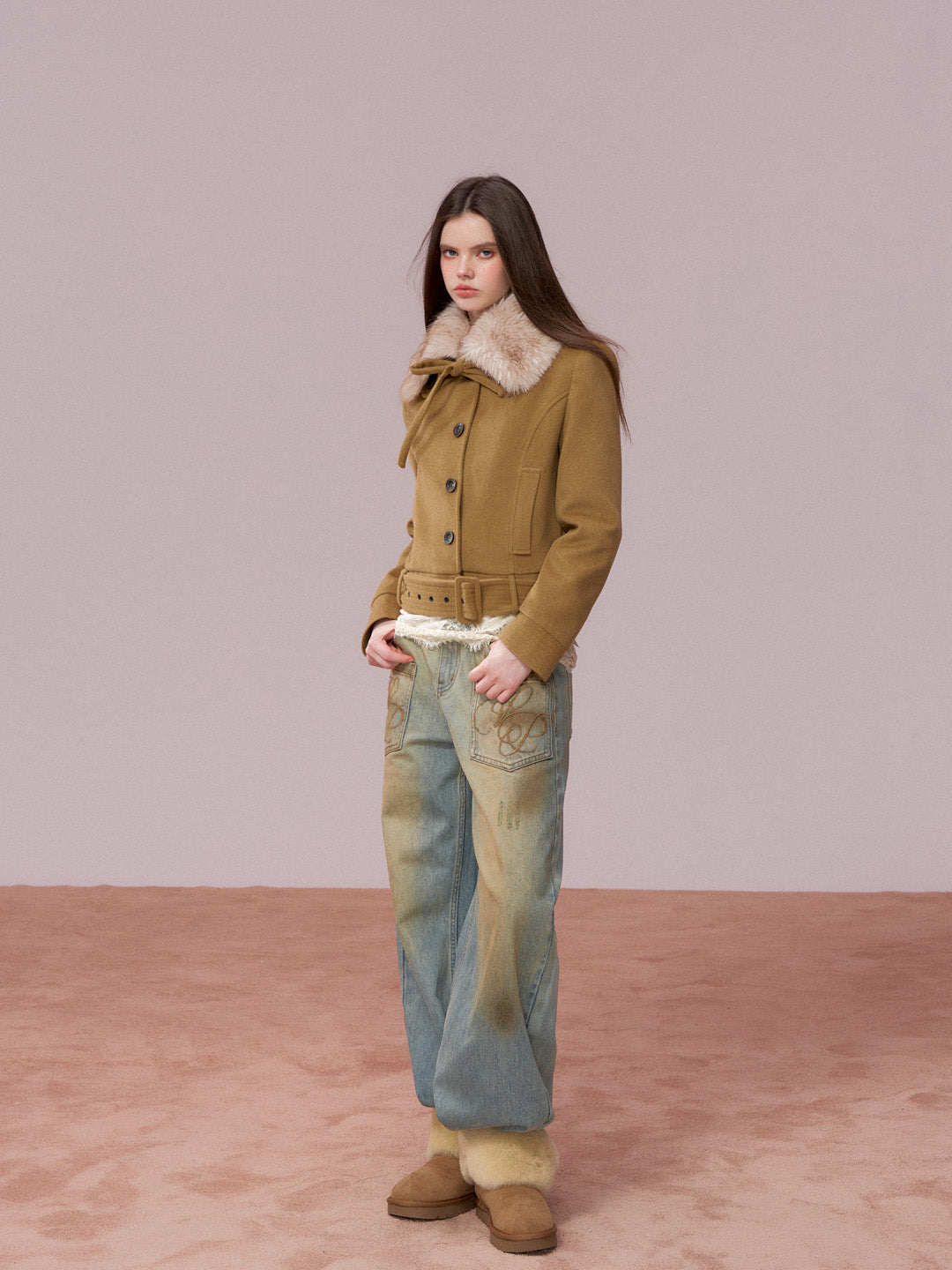 VIA PITTI VIADC720 Detachable fur collar bow tie cotton jacket