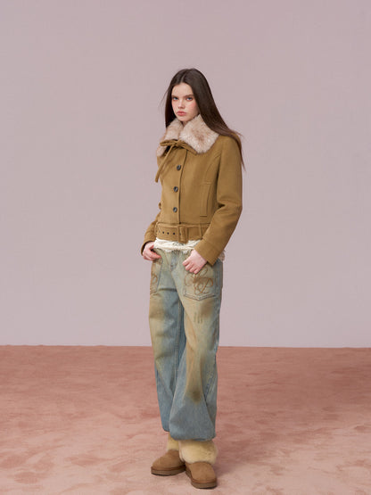 VIA PITTI VIADC720 Detachable fur collar bow tie cotton jacket