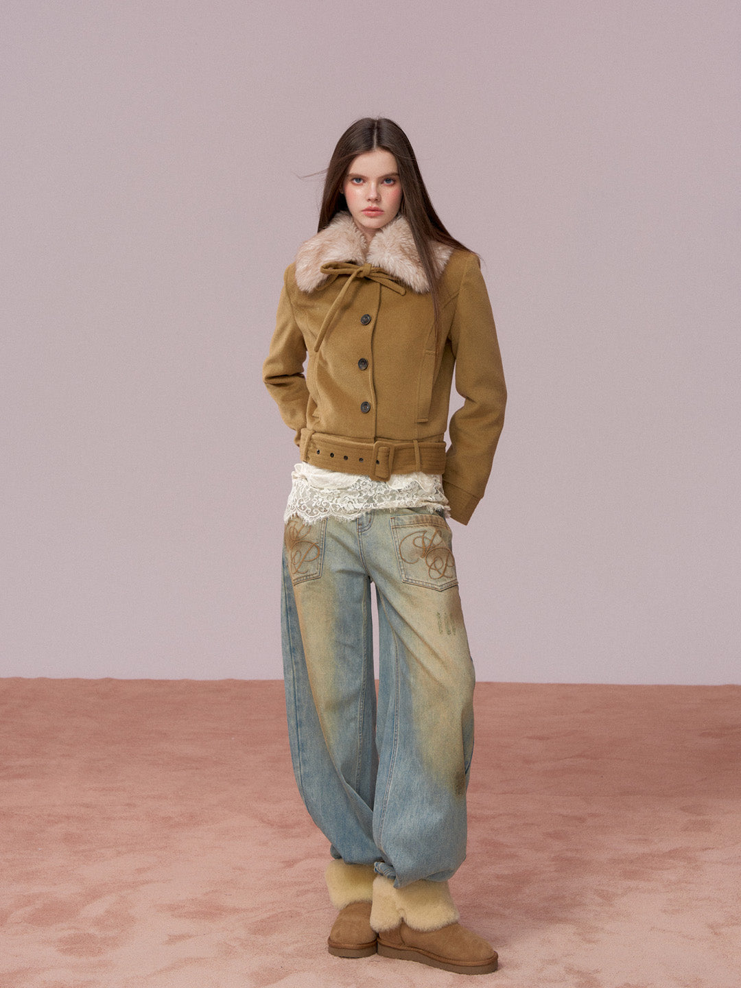 VIA PITTI VIADC720 Detachable fur collar bow tie cotton jacket