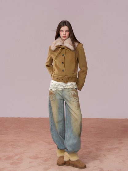 VIA PITTI VIADC720 Detachable fur collar bow tie cotton jacket